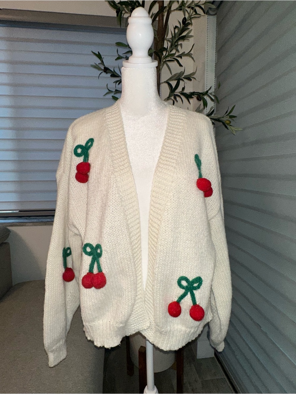 Fashion Nova Cream Juicy & Sweet 3D Cherry Pom Pom Cardigan Sweater L